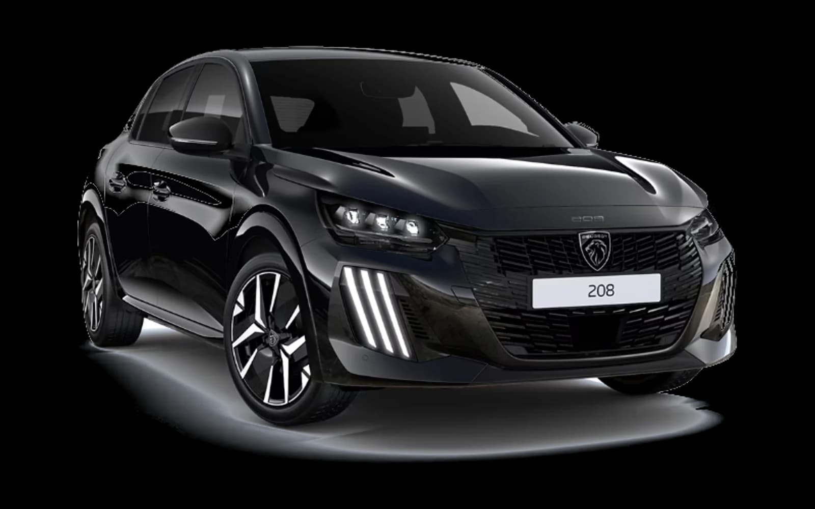 Peugeot 208 noire vue de trois quarts avant